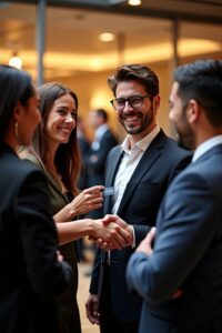 Professional business networking event handshake.(Networking Tips for Introverts)